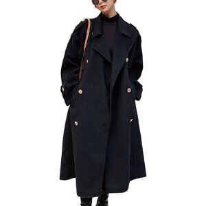 Women's Black Winter Double Breasted Midi Wool  Coat Notch Lapel Winter Trench